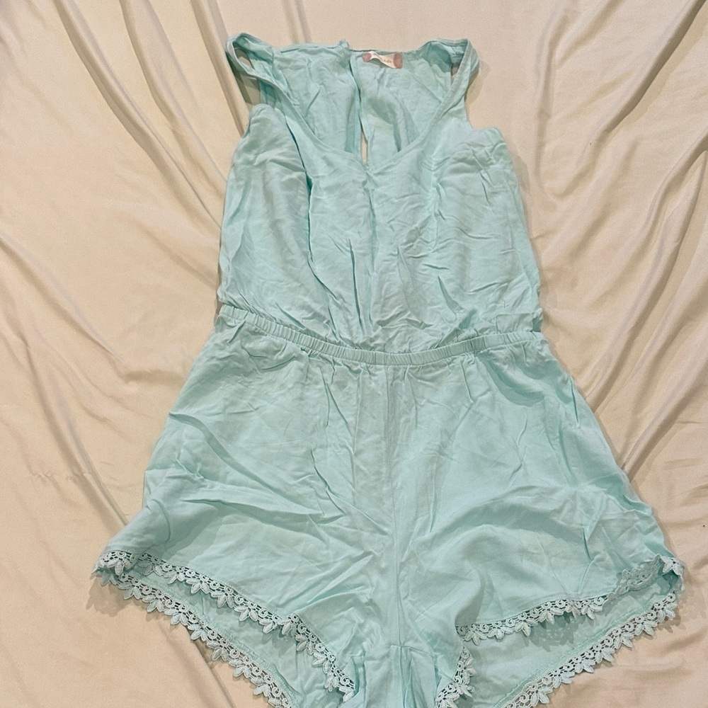 Light Aqua Lace-Trim One-Piece Romper